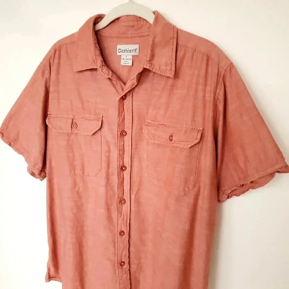 Carhartt Men's Shirt Large Solid Burnt Orange Button Down Pockets Short Sleeve - Picture 6 of 12